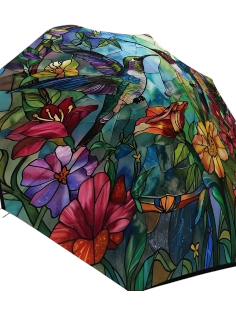 NWOT Hummingbird Painted Floral Automatic Folding Multicolor Umbrella